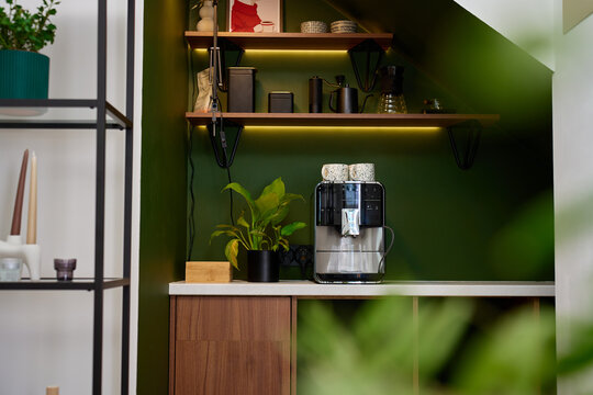Home coffee corner with coffee machine and brewing equipment