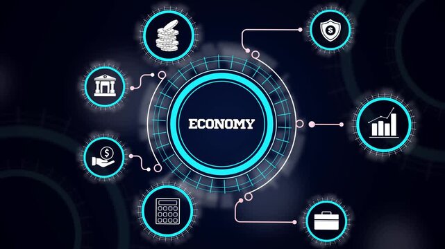 Strategic economy growth model displaying international trade analysis, market financial indicators and progress