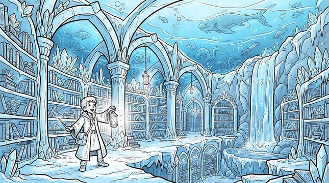 A young wizard holding a lantern in an underwater library carved from ice with bookshelves, a waterfall, and swimming sea creatures