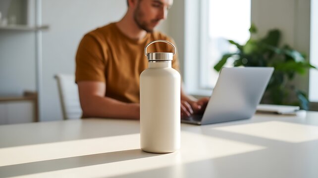 Reusable white water bottle on a table beside a laptop in a modern home workspace