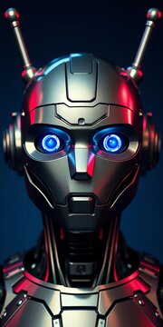 Metallic robot head with antennae and blue eyes displaying a blank expression, neutral, modern