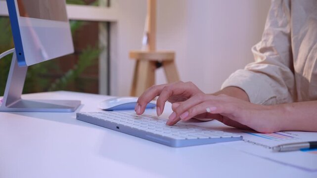 Closeup businesswoman hands typing wireless keyboard on desktop computer at modern office, professional business woman working, business woman input financial and marketing.