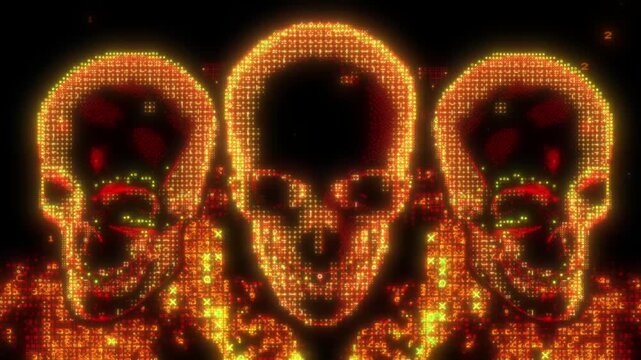 Three glowing ASCII skulls in digital code fire on black background
