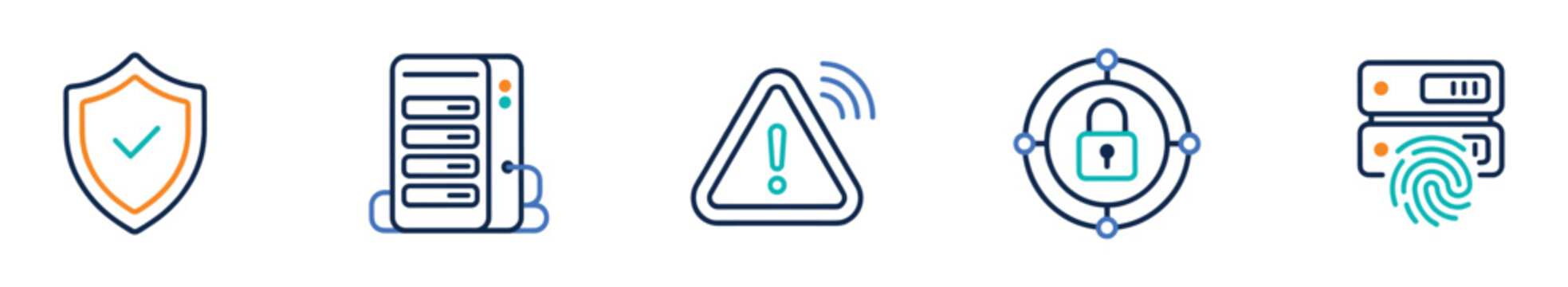 Security alert icon set with server tower and wifi warning and padlock