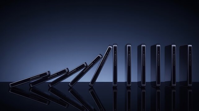 Domino pieces falling in sequence beside standing blocks representing cause and effect