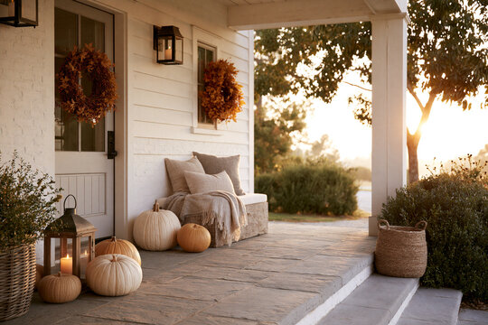 Cozy porch bathed in golden sunset light. Pumpkins, wreaths, and lanterns evoke autumn warmth. Blanket drapes over rustic bench, inviting comfort. Lanterns glow softly, casting gentle shadows
