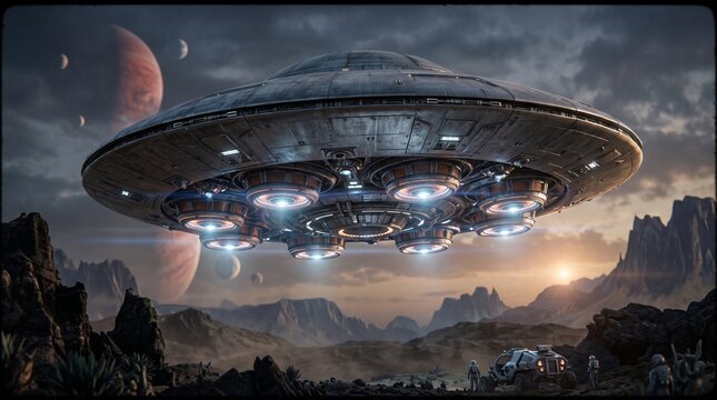 Alien spaceship hovers over alien planet with astronauts and rover