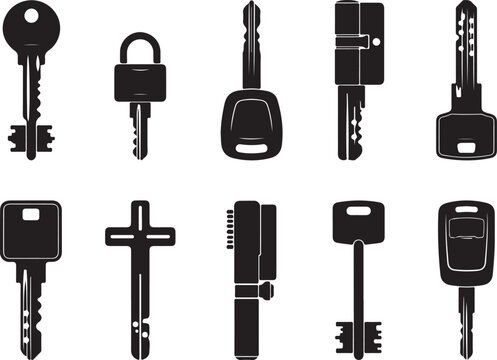 Black key icons set, vector silhouettes of house and car keys, door lock security key collection, real estate and locksmith design elements