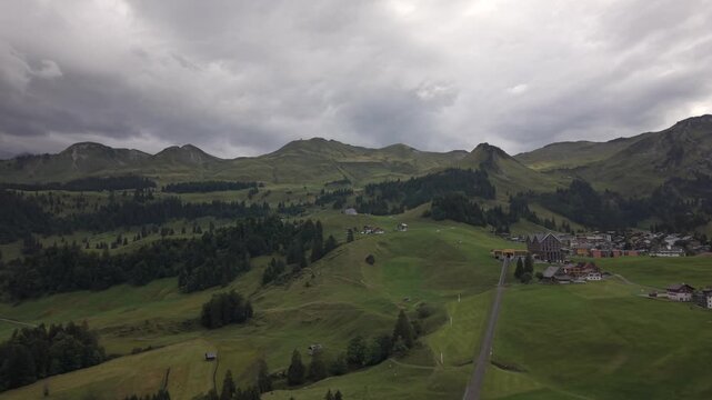 Aerial view of Stoos village and funicular rail track in the Swiss Alps region