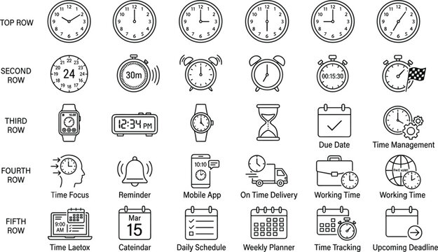 Comprehensive time management and chronological planning line icon collection depicting clocks calendars alarms smartwatches and workflow scheduling tools