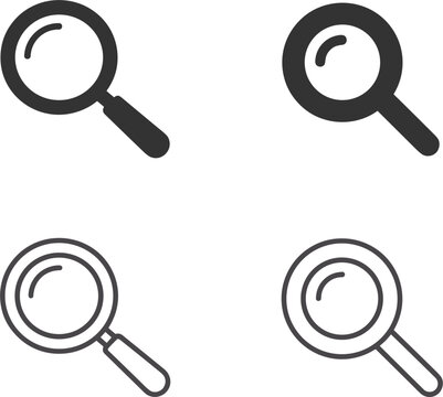 Magnifying glass vector icon set featuring linear and solid glyph styles representing internet search analysis and discovery functions