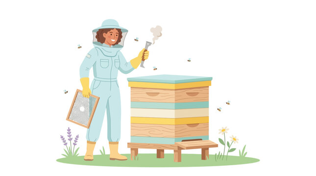 Beekeeper with Hive and Frame near Hive Stack