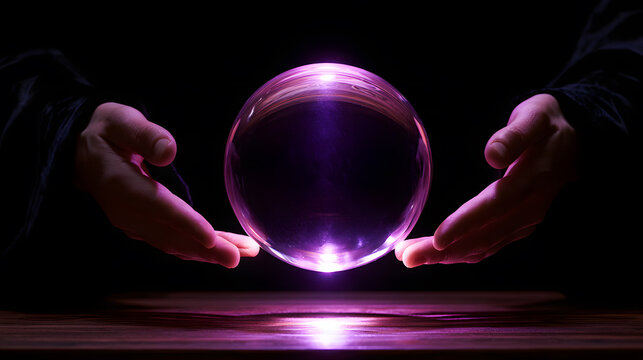 Fortune teller's hands held open beneath a glowing purple crystal ball levitating above a dark wooden surface. Mystical Halloween divination, magic spell, and psychic scrying concept photo.