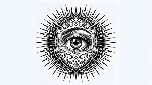 Mystical allseeing eye of providence inside an ornate frame with sun rays isolated on white background