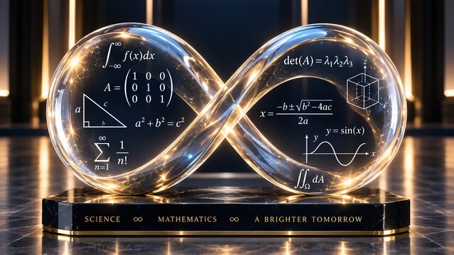 Infinite mathematics sculpture with calculus geometry algebra and statistics symbolizing timeless scientific knowledge