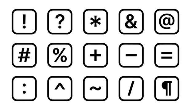 Set of fifteen black and white mathematical and punctuation symbol icons