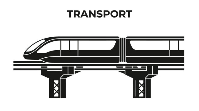 Modern monorail train on elevated railway track isolated vector illustration with typography