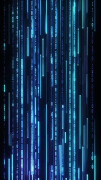 Blue digital data stream with binary code falling on black background, futuristic technology vertical video