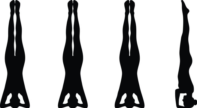 Yoga instructor silhouettes showcase proper headstand posture techniques in a clean series of vertical inversion poses.
