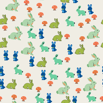 Green and Blue Rabbits with Orange Mushrooms Pattern