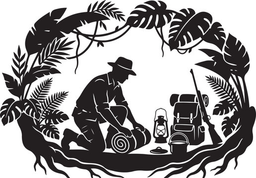 Vintage jungle explorer silhouette vector, retro safari outdoor adventure graphics, camping traveler black and white emblem art