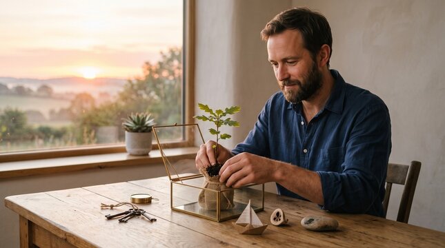 Man planting a small oak sapling in a glass terrarium at sunrise