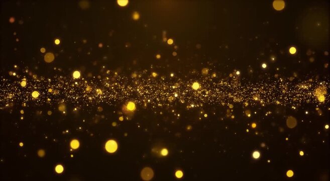 Golden glowing particles drifting in a dark atmospheric bokeh background with cinematic motion