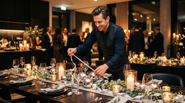 Man decorating a formal dining table with festive ornaments and lights for a party