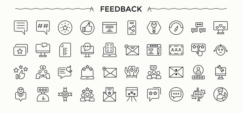 Feedback icon set. Includes symbols for review, experience, comment, satisfaction and more. Comment icon set. Set of line pictogram. Vector illustration in modern line style.