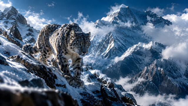 Rare Snow Leopard Roaming on Mount Everest at 18,000 Feet, Himalayan Wildlife, High Altitude Predator and Mountain Nature Concept