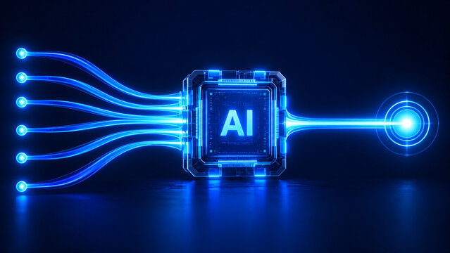 Artificial intelligence data processing microchip receiving glowing fiber streams and outputting focused digital signal for machine learning
