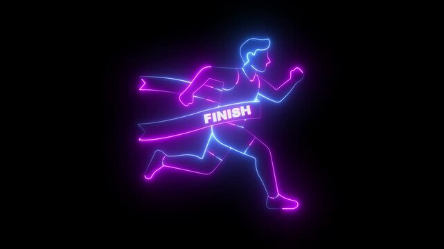 glowing neon Runner crossing finish line ribbons icon isolated on black background. for marathon sports success. 4k video animation.