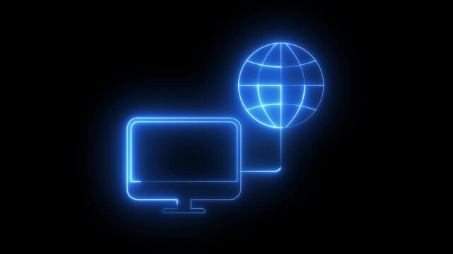 glowing neon Desktop computer connected to a globe icon isolated on black background, symbolizing global internet connection, world wide web networking, remote communication, digital access. 4k video.