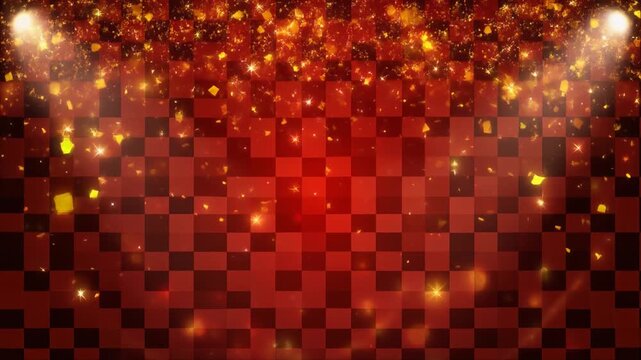 Golden particles dance in spotlight beams against a dark red background with a subtle checkered pattern during a celebratory event