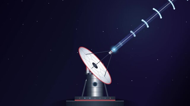 A ground based radio telescope dish tilts to transmit a powerful data beam into space.