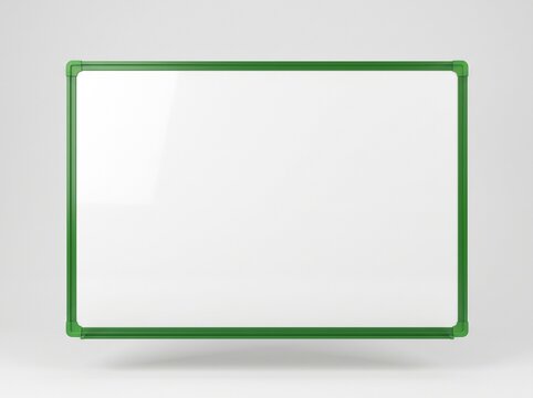 Blank whiteboard with green frame floating on plain gray background, empty office and classroom board mockup with copy space