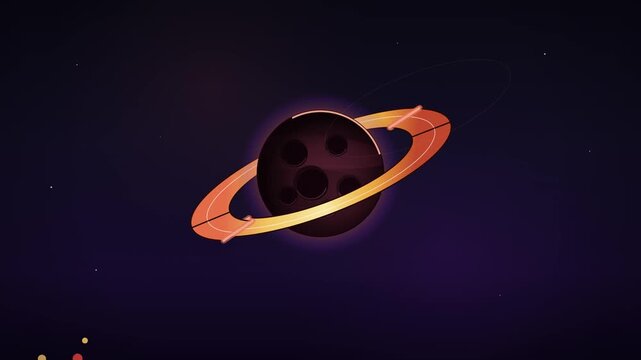 A rocky planet with rings rotates in space as a meteor passes by in the dark.