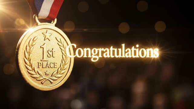 Golden first place winner medal with glowing congratulations text and sparkling light effects on dark bokeh background representing success