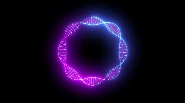 glowing neon circular DNA chain icon isolated on black background. Circular DNA helix chain forming a modern minimalist emblem for advanced biological research studies and medical laboratory concepts.