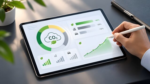Hand using stylus pen on tablet to analyze corporate carbon footprint and CO2 emission reduction charts for ESG reporting.