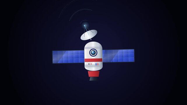 A space satellite deploys its solar panels and broadcasts a signal in deep space.