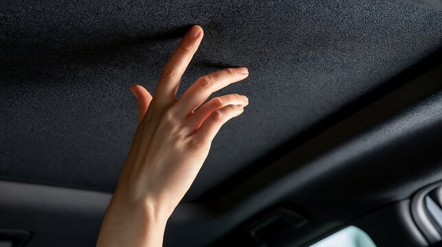 A human hand touches a black car interior ceiling, isolated on transparent background. Useful for automotive industry marketing and vehicle interior design concepts.
