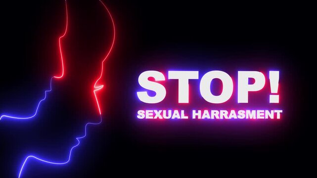 glowing neon stop sexual harassment icon isolated on black background. Violence against women, Abuse, victim of sexual violence. Workplace bullying concept. 4k video animation.