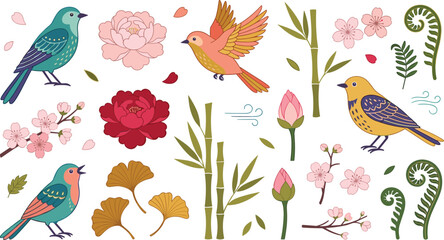 Obraz premium Japanese Asian Style Botanical Vector Set Featuring Colorful Singing Birds Cherry Blossom Sakura Peony Flowers Ginkgo Leaves And Decorative Green Bamboo Elements