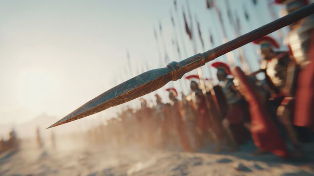 Historical spear with soldiers in background.