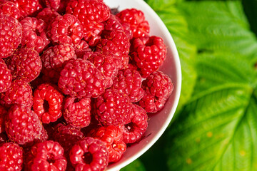 Fresh raspberries piled in a white bowl beside green leaves. Summer berry fruit for healthy eating and dessert recipes. Natural food ingredient, antioxidant nutrition and harvest concept © Itana