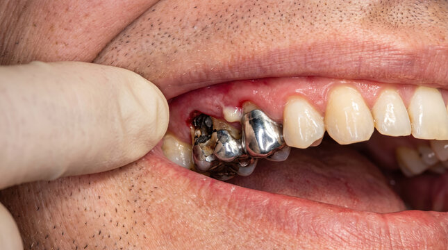 Dentist examining severe dental decay and gum inflammation around metal crowns in patient mouth.