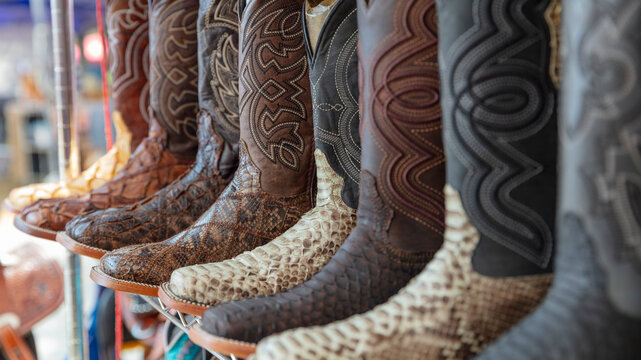 Mexico, Texas United State. Multicolor leather cowboy boots neatly displayed a store shelf.