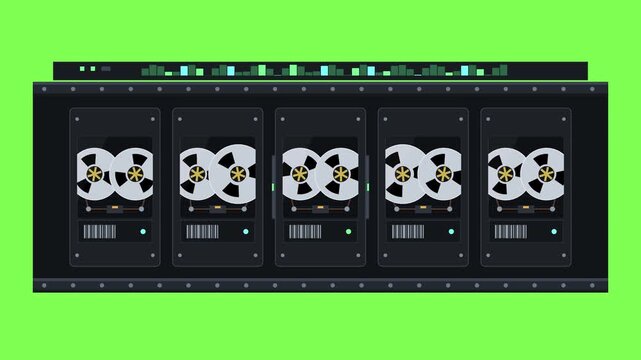Data server rack processes information with spinning magnetic storage reels