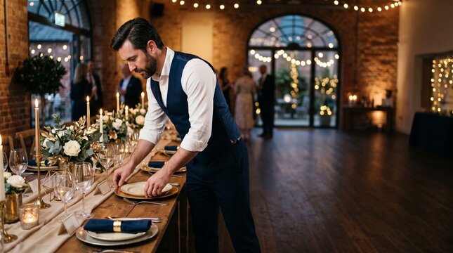 Man setting up a long table for a formal event with elegant floral arrangements and candles